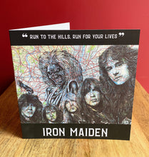 Load image into Gallery viewer, Iron Maiden Greeting Card. Pen Drawing over map Of London. Blank Inside
