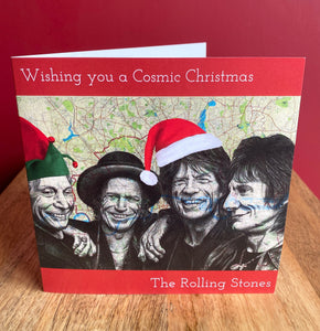 The Rolling Stones Inspired Christmas Card. Pen Drawing over map of London. Blank