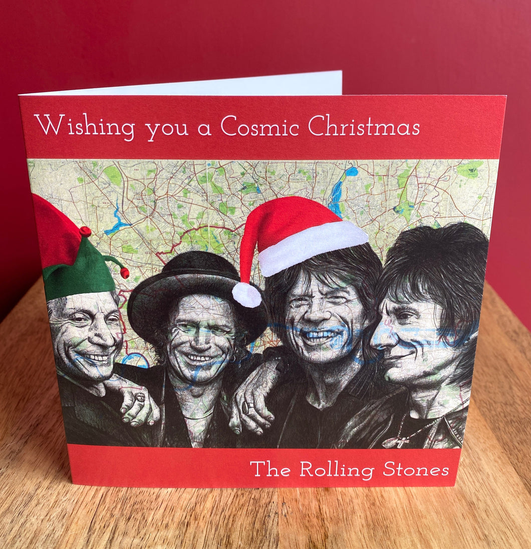 The Rolling Stones Inspired Christmas Card. Pen Drawing over map of London. Blank