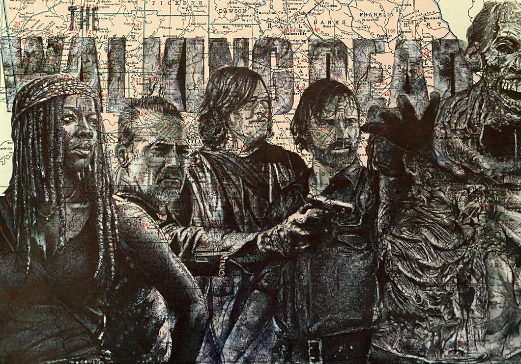 The Walking Dead inspired Original Pen Drawing Over Map of Georgia. A4 Unframed