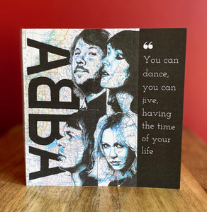 Abba Birthday Greeting Card. Pen Drawing over Map. Dancing Queen. Blank Inside