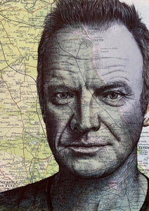 Sting Portrait Original Pen Drawing Over Map of Tyne & Wear. A4 Unframed