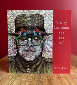 Elton John inspired Christmas Card. Pen drawing over map. Blank inside