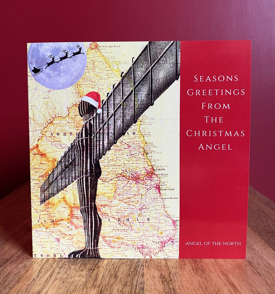 Angel of the North Christmas Card. Pen drawing over map of Newcastle/ Gateshead.