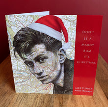 Load image into Gallery viewer, Alex Turner Arctic Monkeys inspired Christmas Card. Drawing Over Map of Sheffield. Blank
