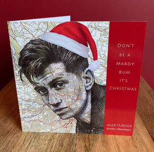 Alex Turner Arctic Monkeys inspired Christmas Card. Drawing Over Map of Sheffield. Blank