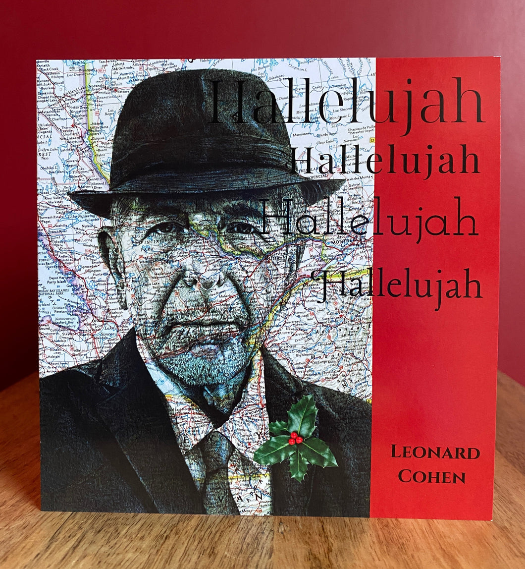 Leonard Cohen Hallelujah Inspired Christmas Card. Pen Drawing Over Map. Blank