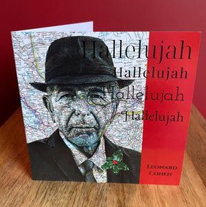 Leonard Cohen Hallelujah Inspired Christmas Card. Pen Drawing Over Map. Blank