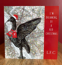 Load image into Gallery viewer, Liver Bird Liverpool FC Inspired Christmas card. Pen drawing over map. Blank inside
