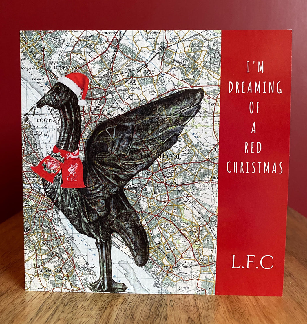 Liver Bird Liverpool FC Inspired Christmas card. Pen drawing over map. Blank inside