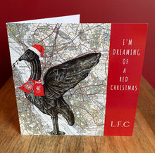 Load image into Gallery viewer, Liver Bird Liverpool FC Inspired Christmas card. Pen drawing over map. Blank inside
