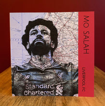 Load image into Gallery viewer, Mo Salah Liverpool FC Greeting Card. Printed drawing over map of Liverpool. Blank inside

