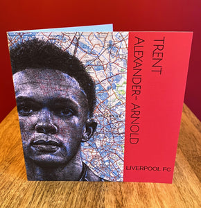 Trent Alexander- Arnold Greeting Card. Printed drawing over map of Liverpool.Blank inside