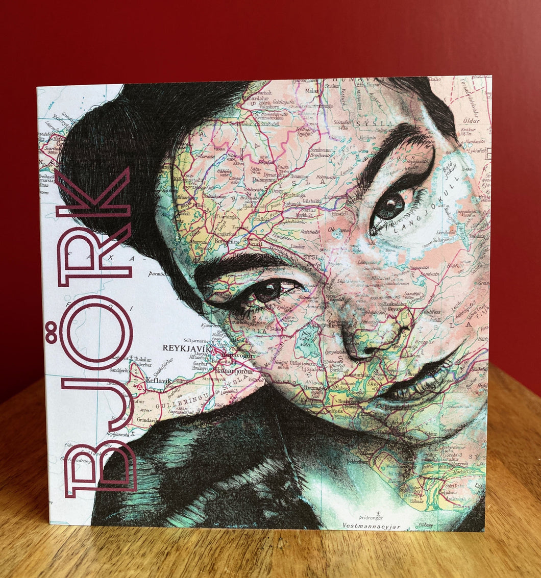 Björk Birthday Greeting Card. Printed Pen Drawing over Map of Iceland. Blank Inside