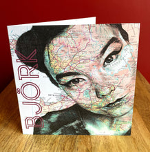Load image into Gallery viewer, Björk Birthday Greeting Card. Printed Pen Drawing over Map of Iceland. Blank Inside
