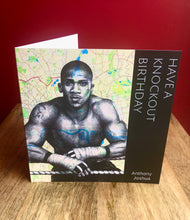 Load image into Gallery viewer, Anthony Joshua Inspired Birthday card. Pen drawing over map of London. Blank inside.
