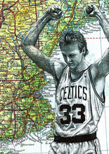 Load image into Gallery viewer, Larry Bird Art Print. Pen drawing on map of Boston. A4 Unframed
