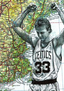 Larry Bird Greeting Card. Pen drawing over map with quote. Blank inside