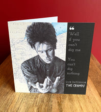 Load image into Gallery viewer, Lux Interior: The Cramps Greeting Card. Printed drawing over map. Blank inside

