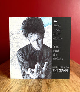 Lux Interior: The Cramps Greeting Card. Printed drawing over map. Blank inside