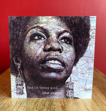 Load image into Gallery viewer, Nina Simone Greeting Card. Printed drawing over a map of North Carolina. Blank Inside.
