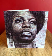 Load image into Gallery viewer, Nina Simone Greeting Card. Printed drawing over a map of North Carolina. Blank Inside.
