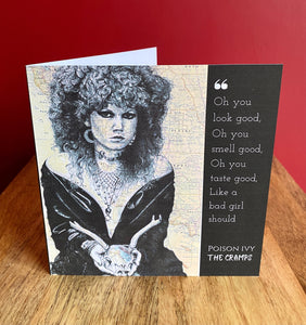 Poison Ivy: The Cramps Greeting Card. Printed drawing over map. Blank inside