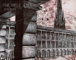 The Piece Hall, Halifax Art Print. Pen drawing over map.25x20cm. Unframed