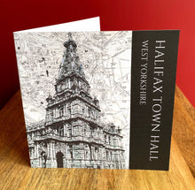 Load image into Gallery viewer, Halifax Town Hall Greeting Card. Printed drawing over map. Blank inside
