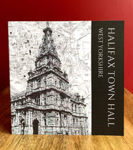 Load image into Gallery viewer, Halifax Town Hall Greeting Card. Printed drawing over map. Blank inside
