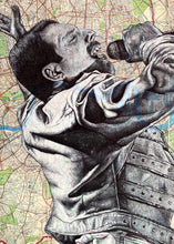 Load image into Gallery viewer, Freddie Mercury/ Queen Band Art Print. Pen drawing over map of London. A4 Unframed
