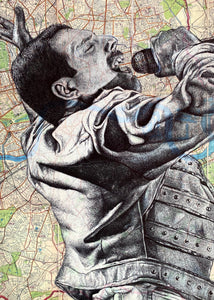 Freddie Mercury/ Queen Band Art Print. Pen drawing over map of London. A4 Unframed