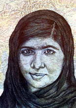 Load image into Gallery viewer, Malala Yousafzai Art Print. Pen drawing over map. A4 Unframed
