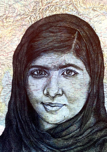 Malala Yousafzai Art Print. Pen drawing over map. A4 Unframed