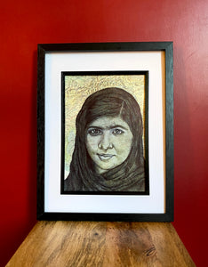Malala Yousafzai Art Print. Pen drawing over map. A4 Unframed