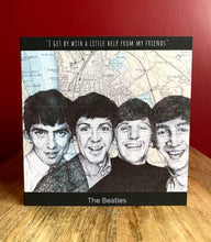Load image into Gallery viewer, The Beatles Greeting Card. Printed drawing over map of Liverpool. Blank inside
