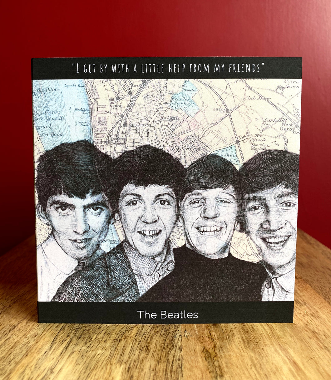 The Beatles Greeting Card. Printed drawing over map of Liverpool. Blank inside
