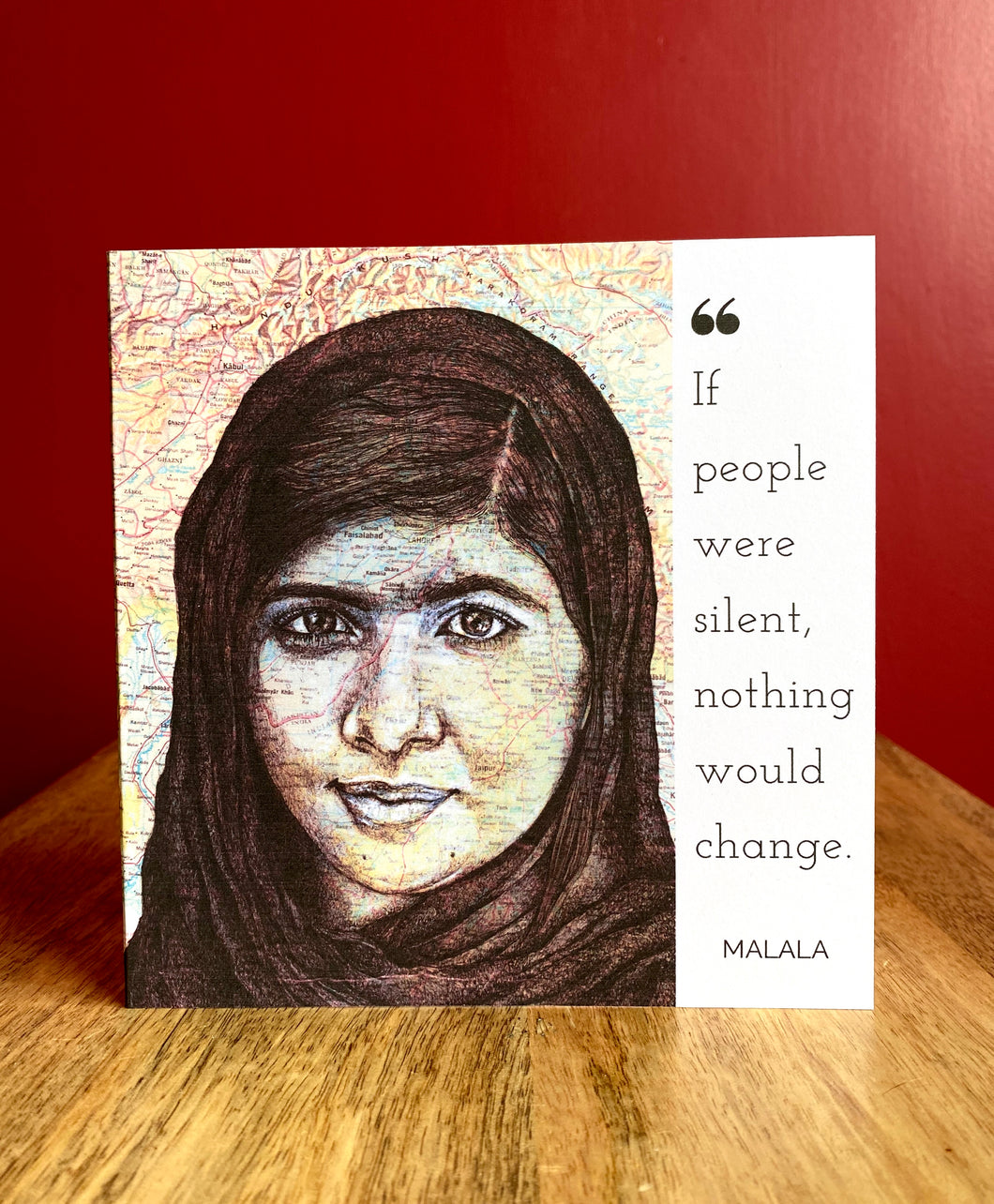 Malala Greeting Card. Printed drawing over map. Blank inside
