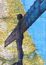 Load image into Gallery viewer, Angel of the North Inspired Art Print. Pen drawing over map of Gateshead. A4 Unframed
