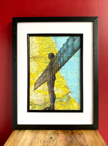 Angel of the North Inspired Art Print. Pen drawing over map of Gateshead. A4 Unframed