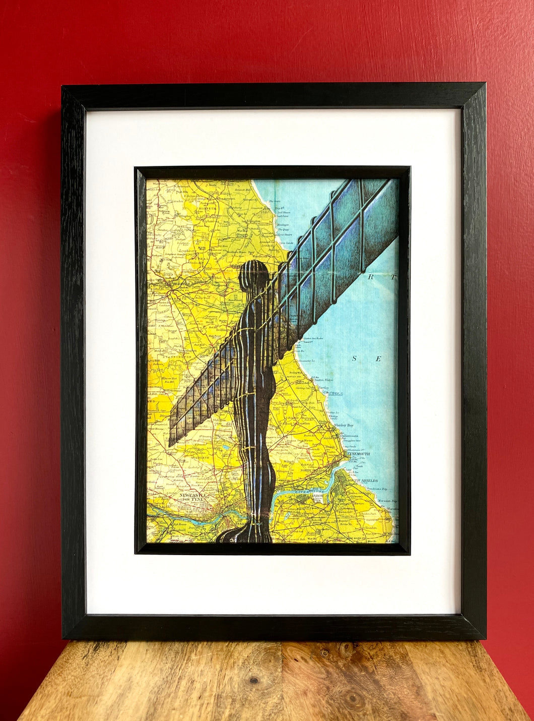 Angel of the North Inspired Art Print. Pen drawing over map of Gateshead. A4 Unframed