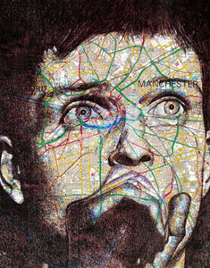 Ian Curtis/ Joy Division Art Print. Pen drawing over map of Manchester. A4 Unframed