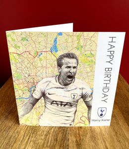Harry Kane Tottenham FC & England footballer birthday card. Pen drawing over map.Blank inside