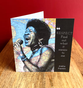 Aretha Franklin Inspired greeting card.Pen drawing over map. Blank inside