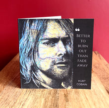 Load image into Gallery viewer, Kurt Cobain/ Nirvana Greeting Card. Printed drawing over map of Seattle. Blank inside
