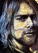 Load image into Gallery viewer, Kurt Cobain/ Nirvana Art Print. Pen drawing over map of Seattle. A4 Unframed
