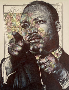 Martin Luther King Jr Art Print. Drawing in pen over a vintage map of Atlanta, Georgia. Unframed