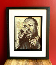Load image into Gallery viewer, Martin Luther King Jr Art Print. Drawing in pen over a vintage map of Atlanta, Georgia. Unframed
