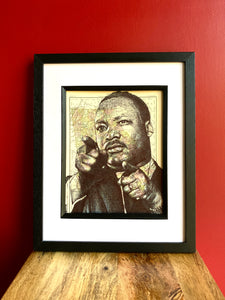 Dr Martin Luther King Jr Original Portrait. Pen drawing over map of Georgia, USA. Unframed
