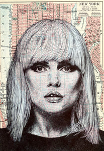 Debbie Harry/ Blondie Art Print. Pen drawing over map of New York. A4 Unframed